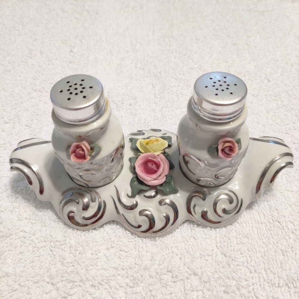 Vintage Dresden Floral Heart Salt and Pepper Set